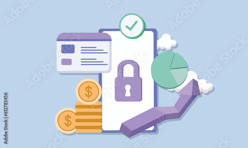 Rendering payment via credit card concept. Secure online payment transaction with smartphone. Internet banking via credit card on mobile. 