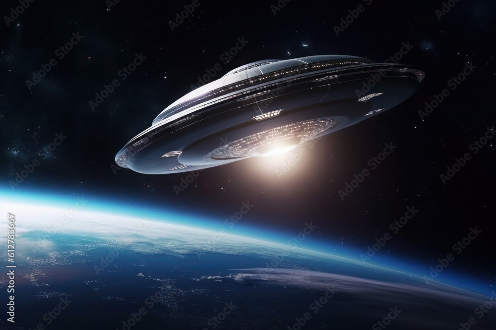 Futuristic UFO on the background of the planet and space. unidentified flying object. generative ai, ai, generative, neural network Futuristic UFO on the background of the planet and space. unidentified flying object. generative ai, ai, generative, neural network