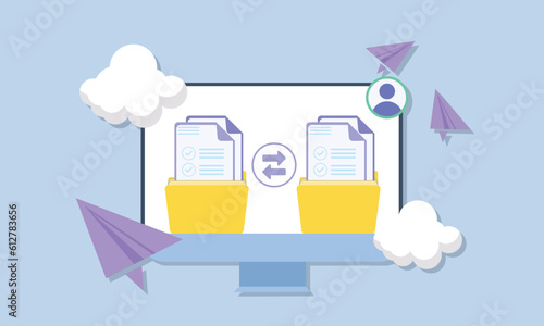 File transfer concept. Two folder with document and files transferring.
