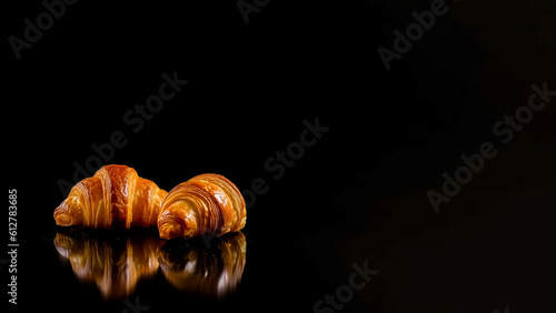 Minimalistic croissants mockup and copy space with a black background, generative AI 