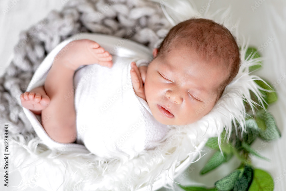 close-up of a newborn baby girl in a diaper on a light background sleeping sweetly in a cute basket, the birth of a baby, a happy family