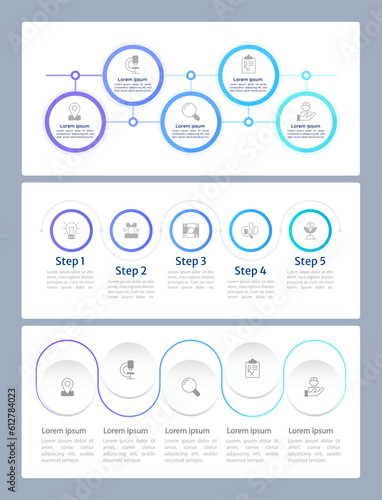 Medicine and business infographic chart design templates set. Editable infochart with icons. Instructional graphics with 5 step sequence. Quicksand, Merriweather Sans, Myriad Pro fonts used