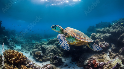 A mesmerizing underwater world, with vibrant coral reefs teeming with a kaleidoscope of tropical fish, as a sea turtle gracefully glides through the crystal-clear waters, capturing the v Generative AI © CanvasPixelDreams