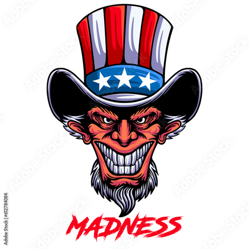 Uncle sam vector illustration. Madness uncle sam mascot illustration. Caricature of uncle sam. Uncle sam head. Patriot American.