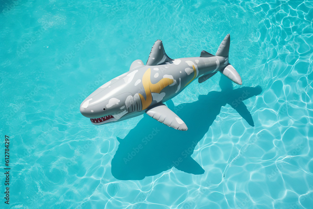 Inflatable shark swimming pool float. Summer vacation. Generative ai Inflatable shark swimming pool float. Summer vacation. Generative ai