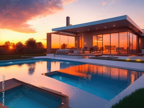 Modern house surrounded with an outdoor pool with sunset 3d rendered ai generated