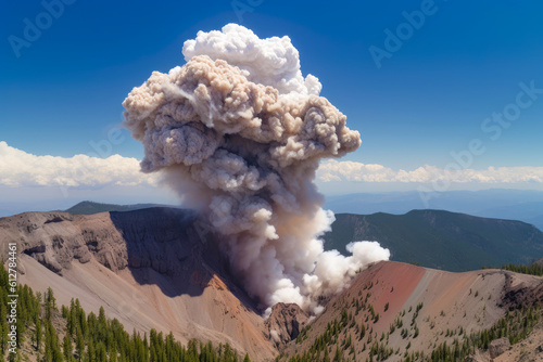 A large plume of smoke is emitted from a mountain