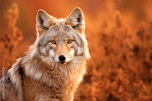 A coyote standing alone in a field with brown flowers