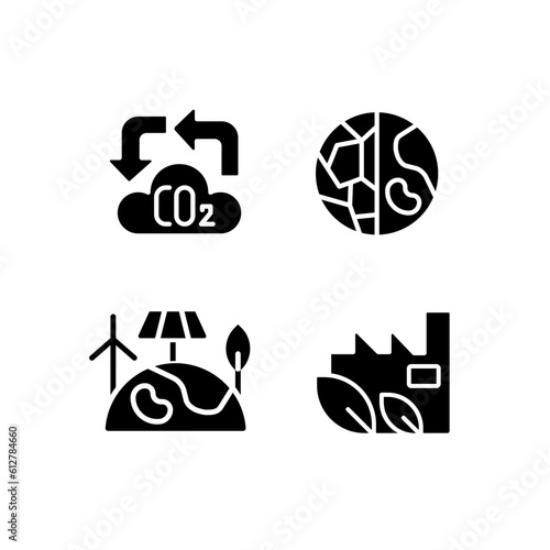 Global nature protection black glyph icons set on white space. Environment conservation. Ecology care programs. Silhouette symbols. Solid pictogram pack. Vector isolated illustration