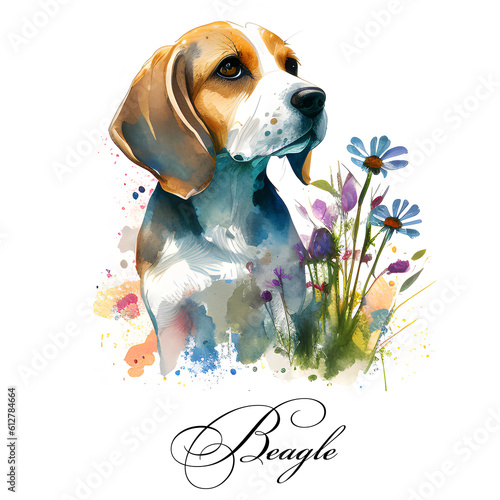Watercolor illustration of a single dog breed beagle with flowers. AI generated. Dog portrait.