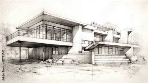 Pencil sketch of a modern residential house. Generative AI