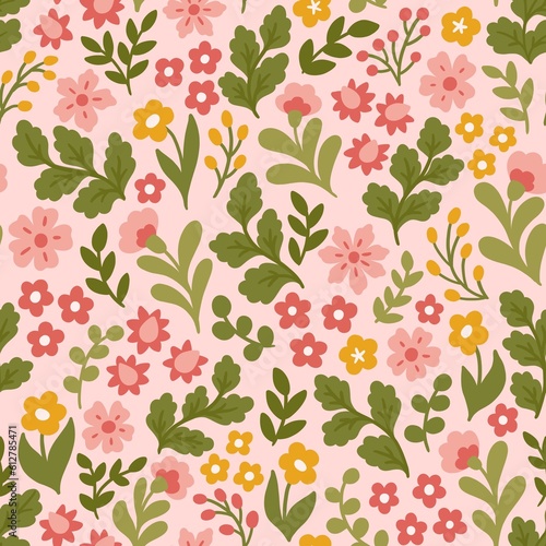 Seamless pattern with flowers in boho style. Floral botanical print. Summer flat illustration on a pink background