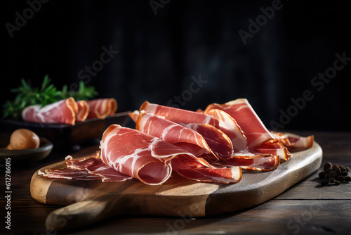 Closeup Thin slices of prosciutto, composition on wooden cutting board, black background. Delicious bacon. Generative AI professional photo imitation. photo