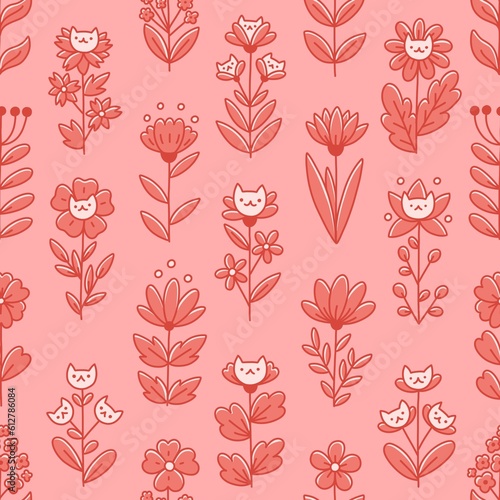 Fantasy flowers with funny cartoon cats  decorative botanical ornament  isolated on pink background. Seamless pattern in Scandinavian stylev