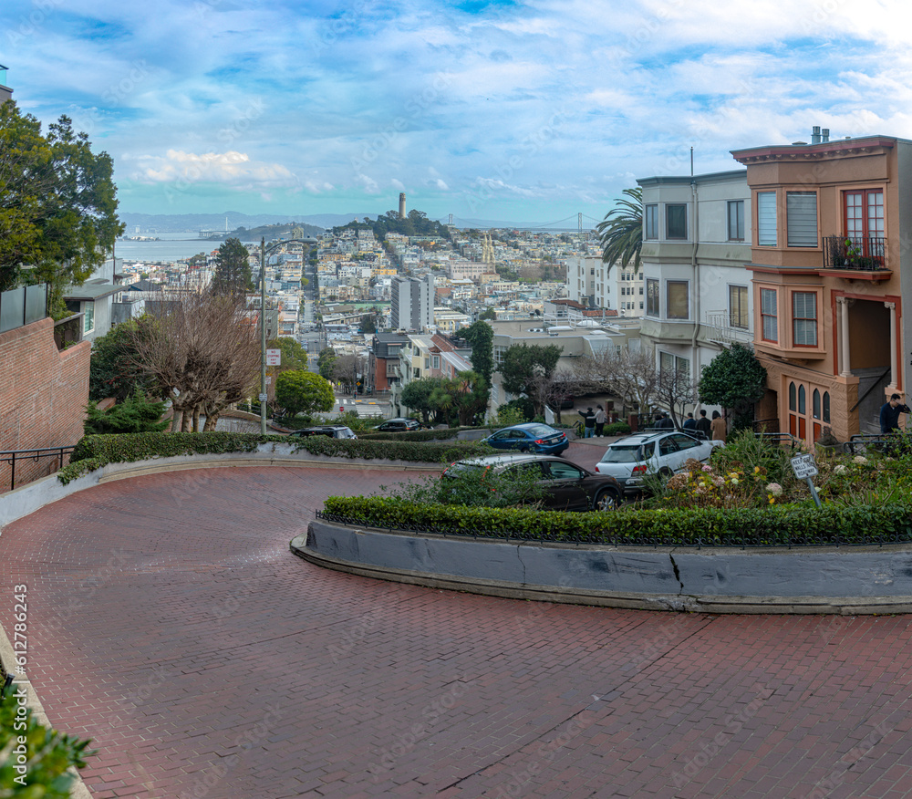 The famous Lombard Street in San Francisco, California, United States. Steep street with many slopes and Californian hills. America Concept.