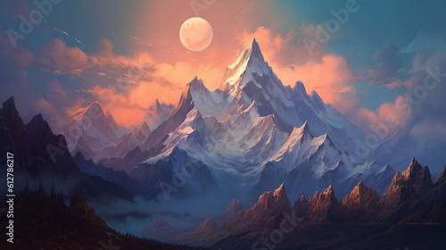 A mesmerizing photo of a full moon rising above a majestic mountain range, casting a soft glow and painting the landscape in ethereal light Generative AI