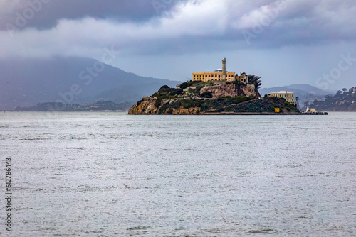 The famous Alcatraz Island with its federal prison in the middle of San Francisco Bay in California, USA. Prison of the United States of America of maximum security. Prison concept.