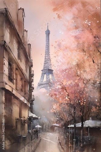 Eifeltower Spring Pink Blush Cherry Blossom City View  Watercolor Painting