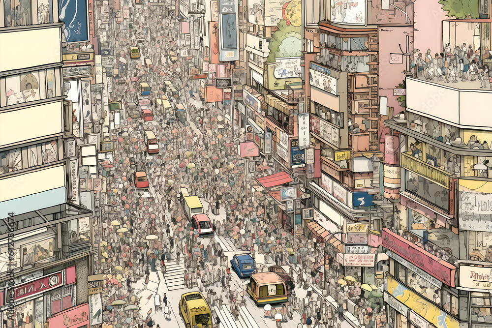 A bustling cityscape filled with people rushing through crowded streets, capturing the fast-paced nature of urban life. Generative AI