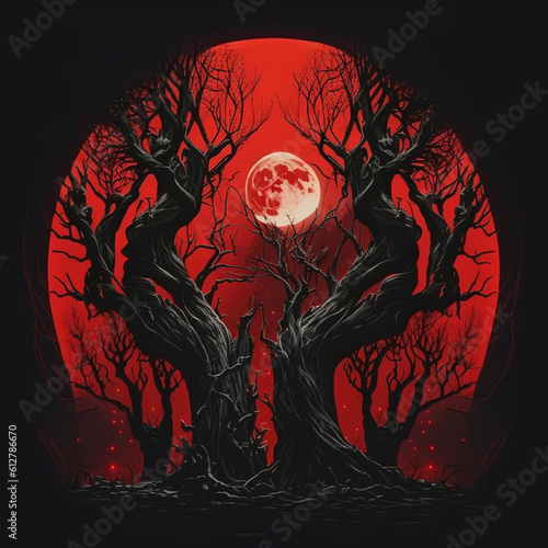 scary forest, red background, trees and moon