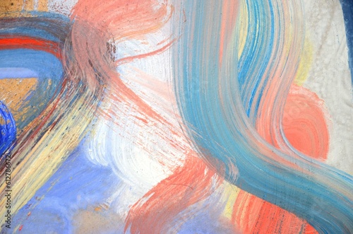 Hand drawn abstract brush strokes of pastel pink, blue, white, red and violet colors, fragment of artwork