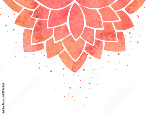 Decorative element - stylized red lotus flower and splatter or pollen, oriental floral mandala pattern for decorating background and designing cards