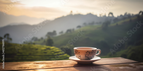Cup of tea on wooden table with the tea plantations background, copy space. generative ai illustration