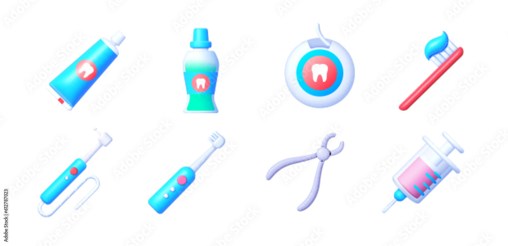 3d icons with dentistry icons 3d for healthcare design. Oral hygiene. Toothbrush, mouthwash, dental floss, toothpaste, injection. Vector 3d icons 3d icons with dentistry icons 3d for healthcare design. Oral hygiene. Toothbrush, mouthwash, dental floss, toothpaste, injection. Vector 3d icons