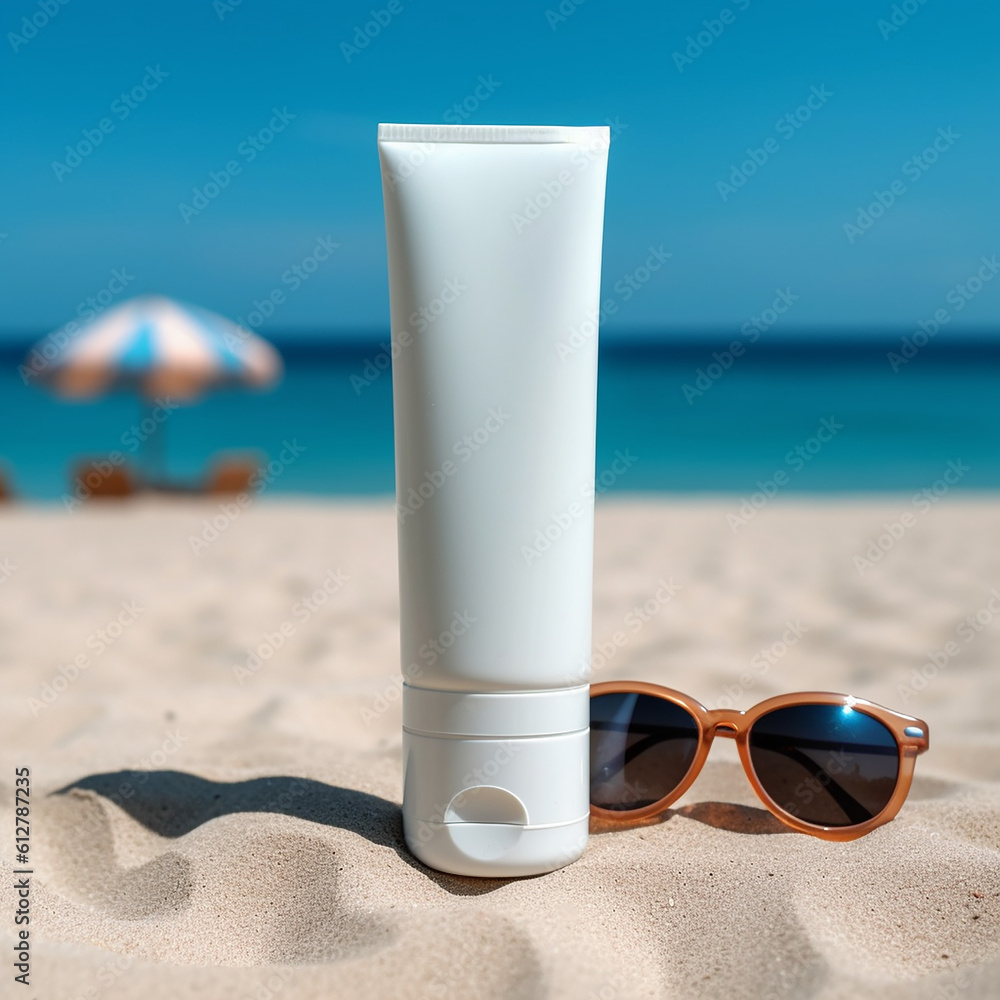 Empty white plastic tube. Sunscreen lotion on sandy beach Generative AI