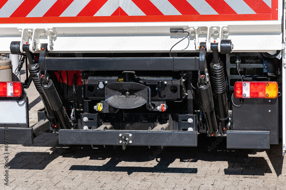 Rear of a large rescue vehicle with various fixtures. Closeup. Rear of a large rescue vehicle with various fixtures. Closeup.