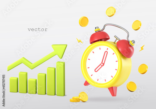 Vector 3d growth stock chart with coins and ringing alarm. Investing time concept. Excellent investing business graph. Growth chart with Green arrow of trend. 3D render realistic illustration