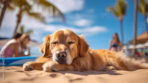 Adorable dog sleeps on the beach in summer Generative AI