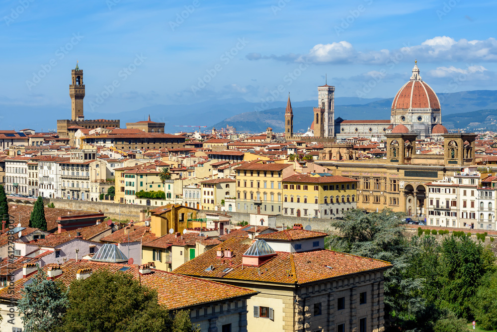 Florence cityscape with Duomo cathedral and Palazzo Vecchio palace over city center, Italy