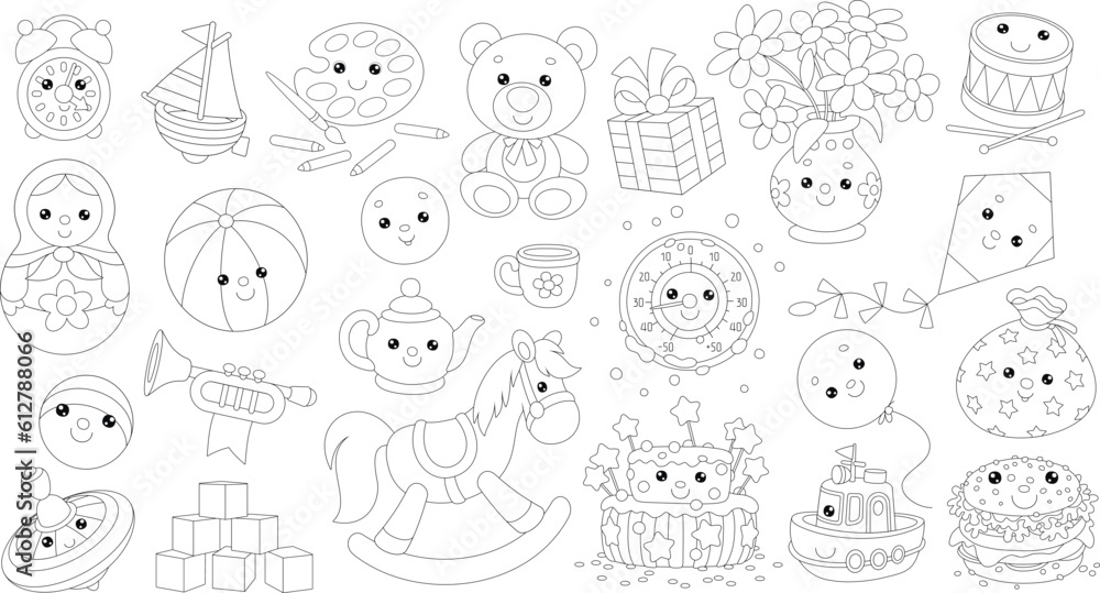 Cute Kawaii baby toys, funny gifts and holiday sweets for little kids, set of black and white outline vector cartoon illustrations Cute Kawaii baby toys, funny gifts and holiday sweets for little kids, set of black and white outline vector cartoon illustrations