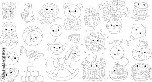 Fototapeta Naklejka Na Ścianę i Meble -  Cute Kawaii baby toys, funny gifts and holiday sweets for little kids, set of black and white outline vector cartoon illustrations