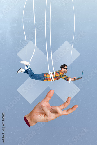 Vertical comics picture collage of young workaholic man hanging stripes hold netbook manipulation dictator isolated on blue background