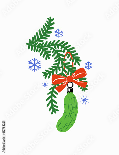 .The Christmas Pickle. Vector holiday card. German folklore.
