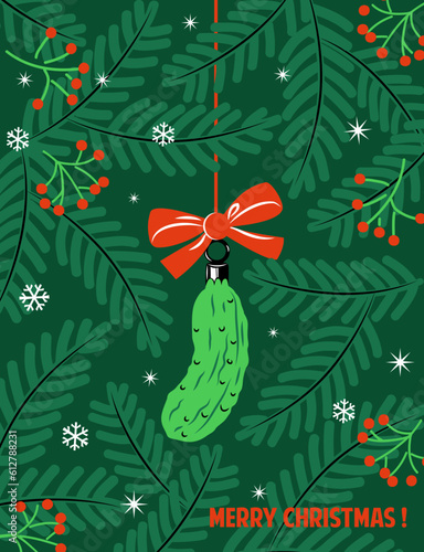 The Christmas Pickle. Vector holiday card. German folklore.