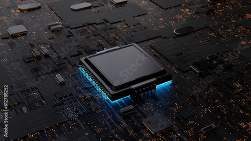Photos Blue computer electronic chip with blue glow, multiple filter effect, innovative page design, black background, top view, superflat, light cyan and gold