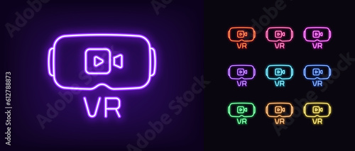 Outline neon VR video icon set. Glowing neon VR glasses with video camera sign, gaming virtual reality. VR headset for movie and series, interactive glasses and helmet with media player