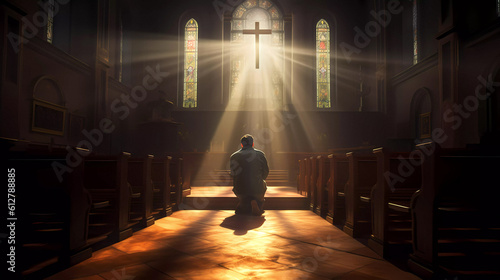 Canvastavla Lonely man kneeling before the altar Generative AI