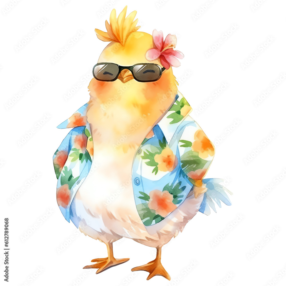 Naklejka premium Chicken with sunglasses, flower and floral shirt watercolor illustration isolated on transparent background - Generative AI