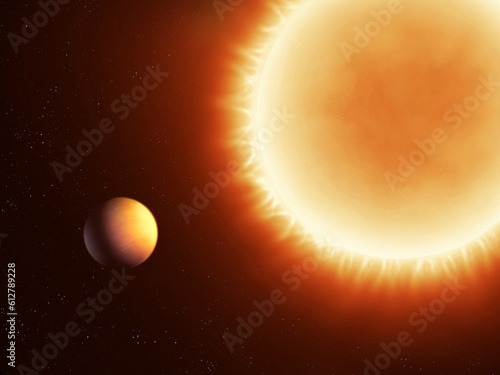 Exoplanet approaching the sun. Planet in the gravitational field of a star. Incandescent planet.