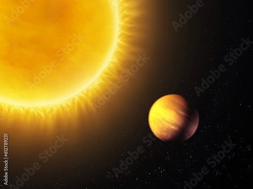 Exoplanet approaching the sun. Planet in the gravitational field of a star. Incandescent planet.
