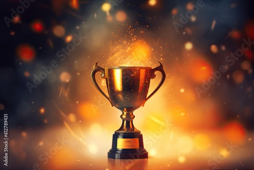 A Champion's Journey Ends in Glittering Victory: Winner Holding Gold Trophy with Orange and Yellow Sparks Shining on Dark Background. Generative AI © AIGen