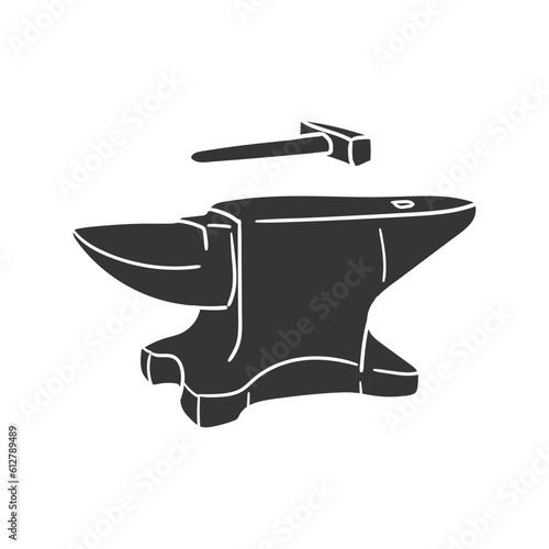 Anvil and Hammer Icon Silhouette Illustration. Forge Vector Graphic Pictogram Symbol Clip Art. Doodle Sketch Black Sign.