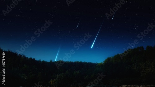 Meteor trails at night over the hills. Bright tails of meteorites in the sky. Landscape with beautiful shooting stars.