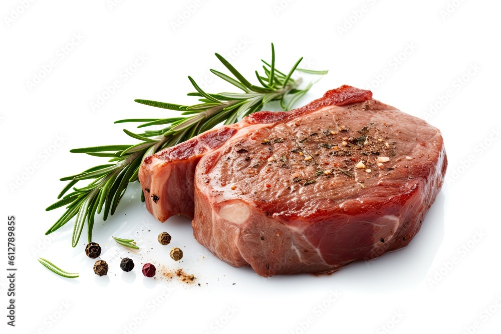 Tasty Meal of Beef Steak and Freshly-Seasoned Pork Meat - Isolated on a White Background with a Sprig of Rosemary: Generative AI