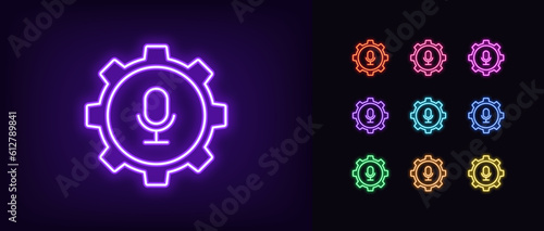 Outline neon mic settings icon set. Glowing neon gear wheel with microphone sign, podcast control. Mic adjustment tool, microphone audio setting, mic voice configuration, sound fix