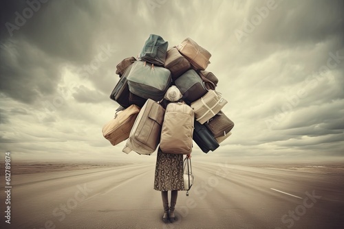 Woman Struggling Under Weight of Many Shopping Bags: Visualizing the Burden of Retail Overburdening, Generative AI photo